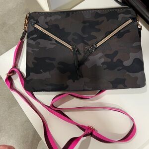 Stella & Dot Camouflage Crossbody Bag with Pink Strap